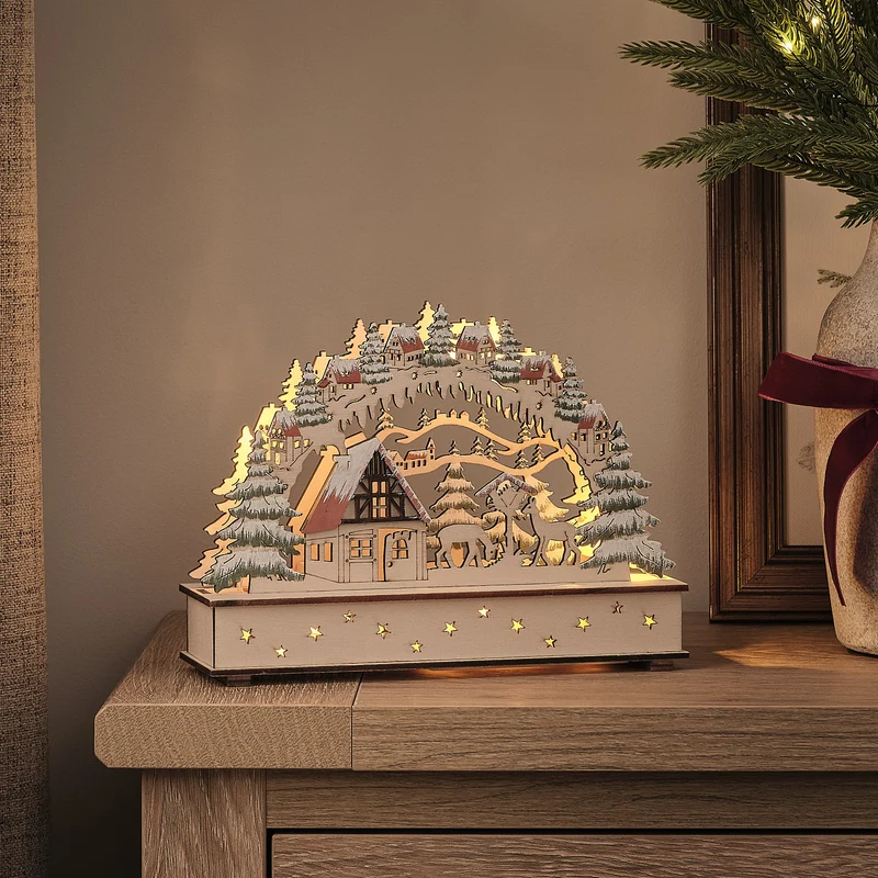 LED-Weihnachtsdorf aus Holz mit Rentieren und Timer
