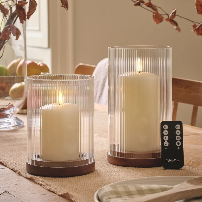 2er Set TruGlow® LED-Windlichter aus geriffeltem Glas mit Fernbedienung