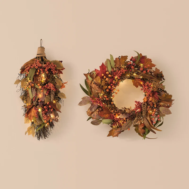 60 cm LED-Herbstkranz-Set mit Timer und LED-Herbstzweig