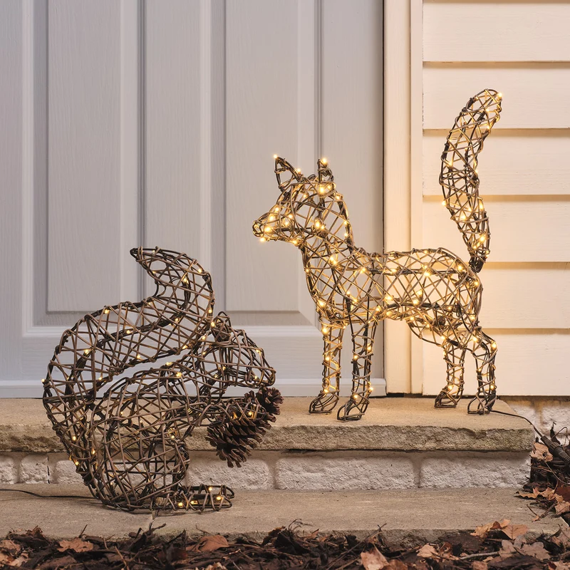 2er-Set Sherwood Rattan LED-Gartenfiguren Fuchs & Eichhörnchen mit 160 LEDs & Timer