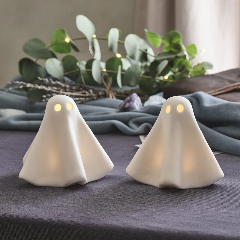 2er Set Gerald LED-Halloween-Geister aus Porzellan in Weiß