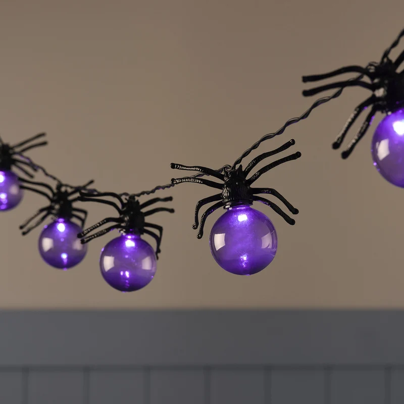 10er Spinnen lila LED-Lichterkette Halloween mit Timer