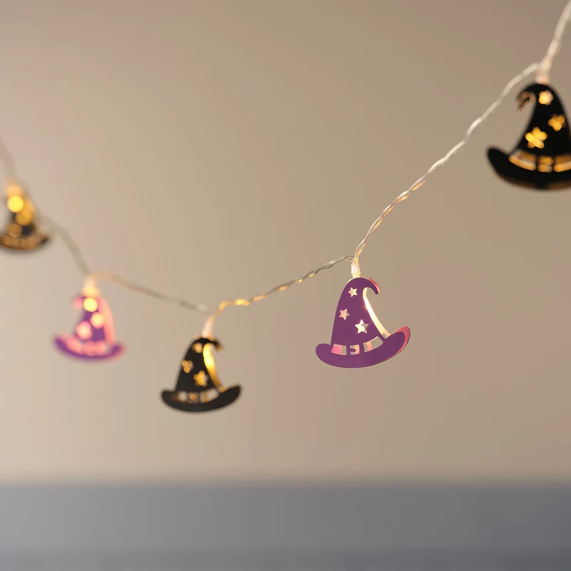 10er Halloween LED-Lichterkette mit Hexenhüten in Lila & Schwarz