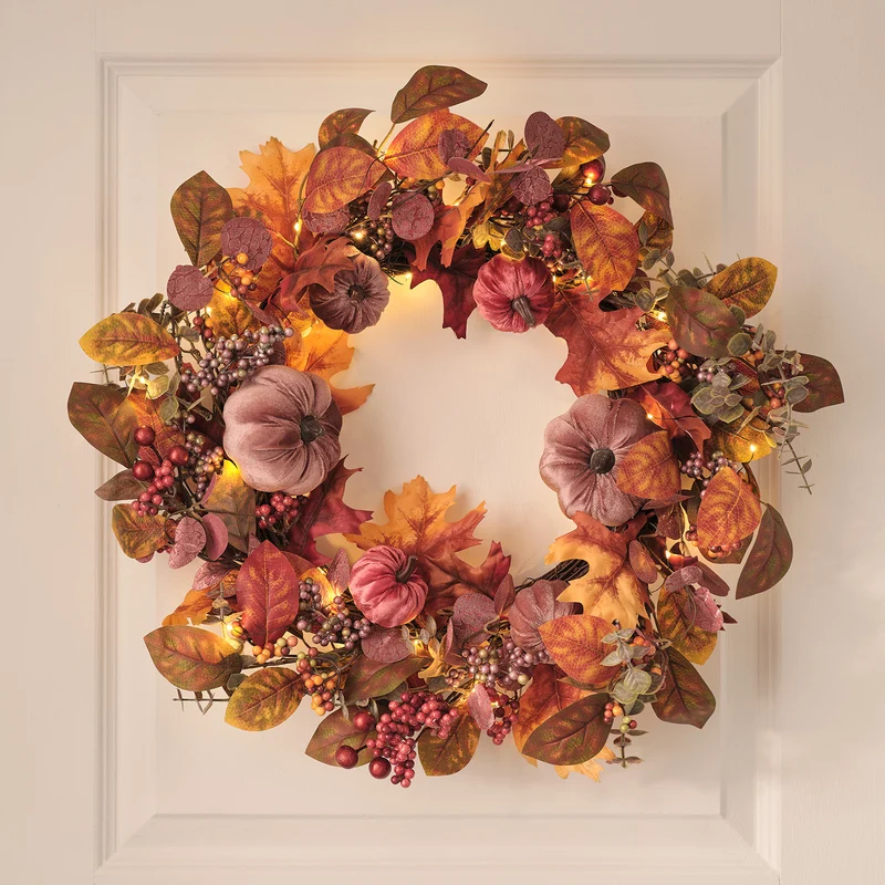 40 cm LED-Herbstkranz mit Samt-Kürbissen in Violett/Grün/Rot/Gelb