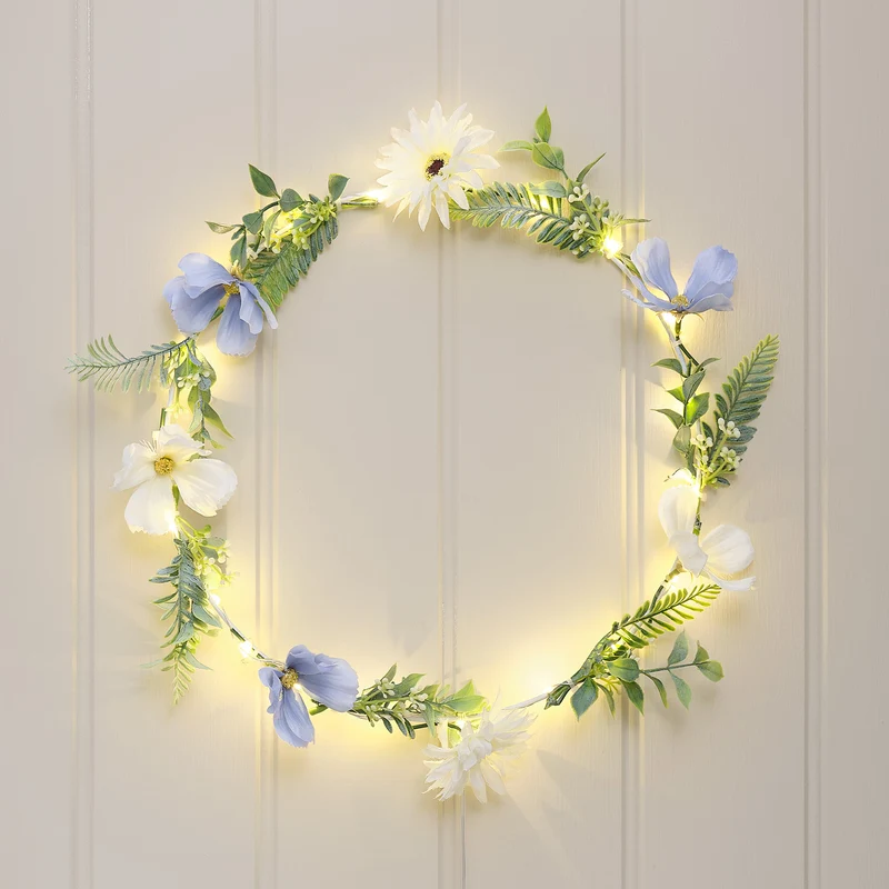 Weißer & blauer LED-Blumenkranz mit warmweißen Mikro-LEDs & Timer