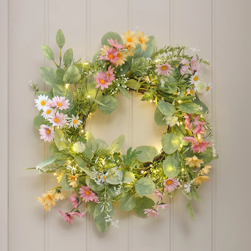 Beleuchteter 40cm LED‑Frühlingskranz mit Gänseblümchen & Timer