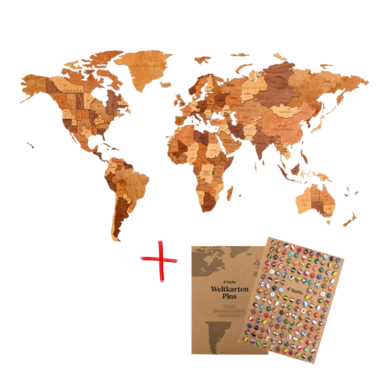 3D-Holzpuzzle Set Weltkarte M + Flaggen-Pins