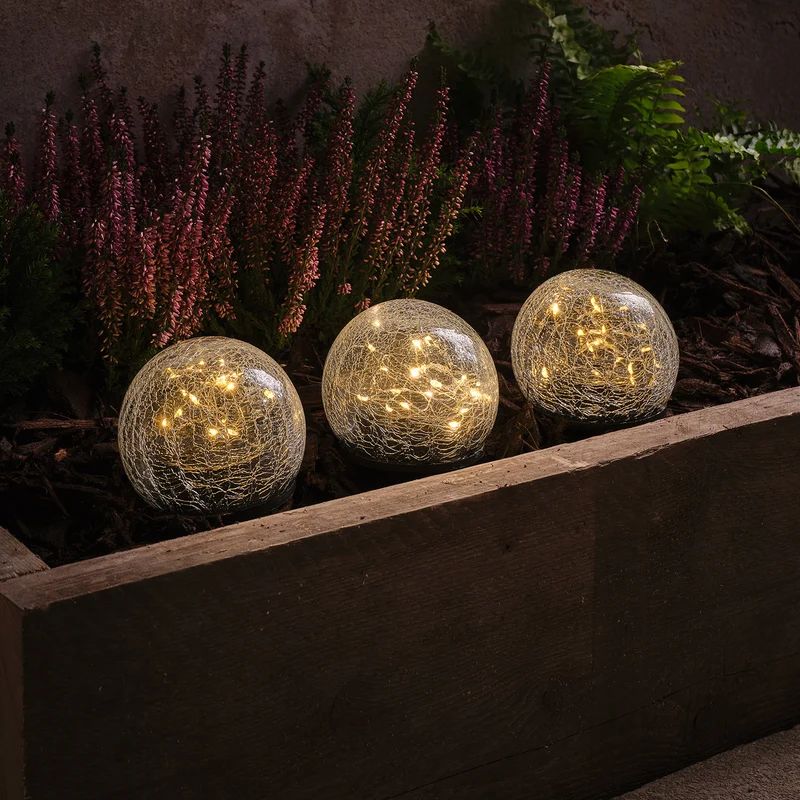 3er Set Solar-Gartenstecker Glaskugeln im Crackle-Look mit 60 warmweißen LEDs