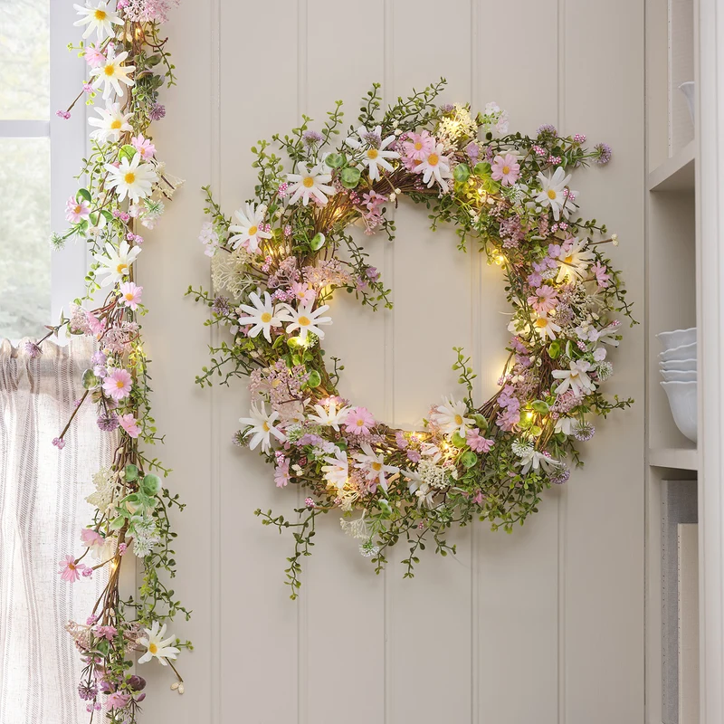 2er Set LED-Blumenkranz & Girlande mit Margeriten in Pastell