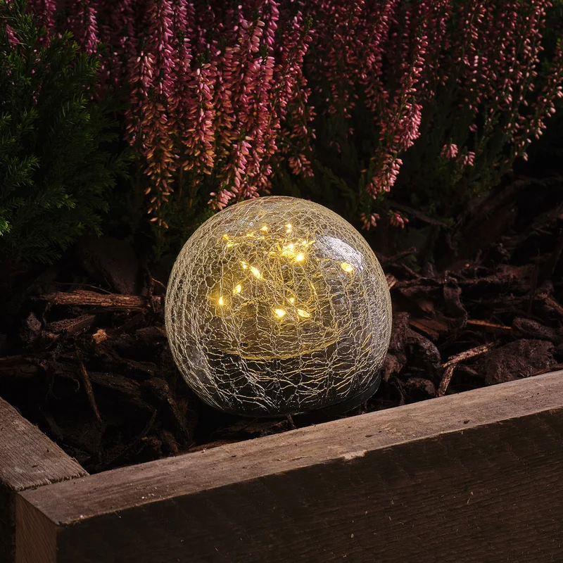 Schwarzer Solar-Gartenstecker Crackle-Glas Glaskugel mit 20 warmweißen LEDs