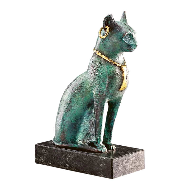 Skulptur Bastetkatze mit Collier Metallguss Stein