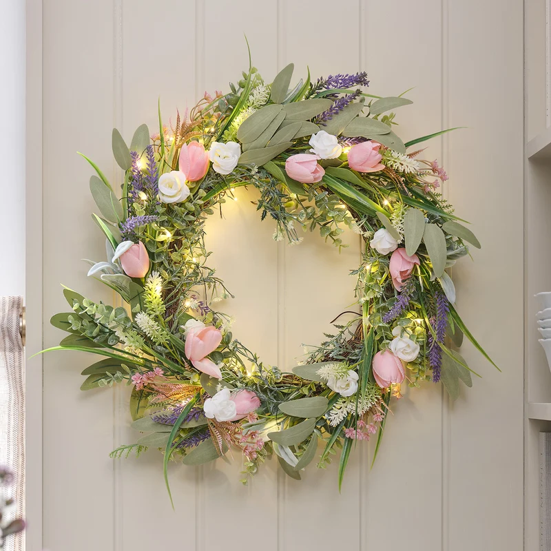 Batteriebetriebener LED-Tulpenkranz 55cm mit Lavendel & Rosen