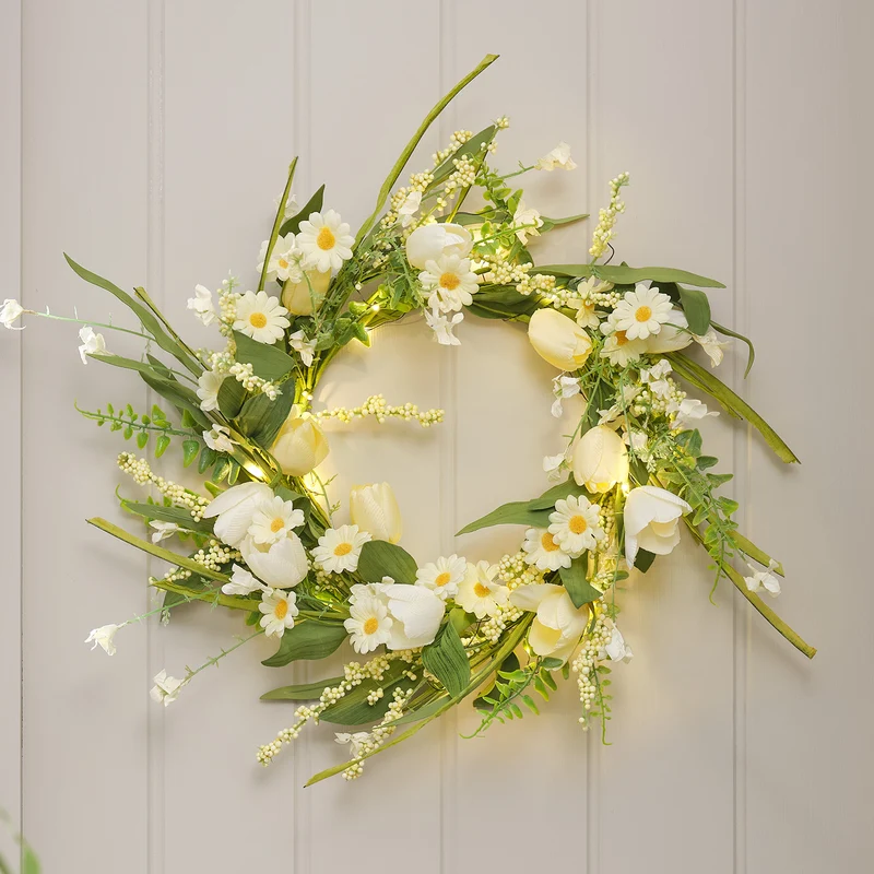 45cm LED‑Frühlingskranz mit Tulpen & Gänseblümchen in Gelb