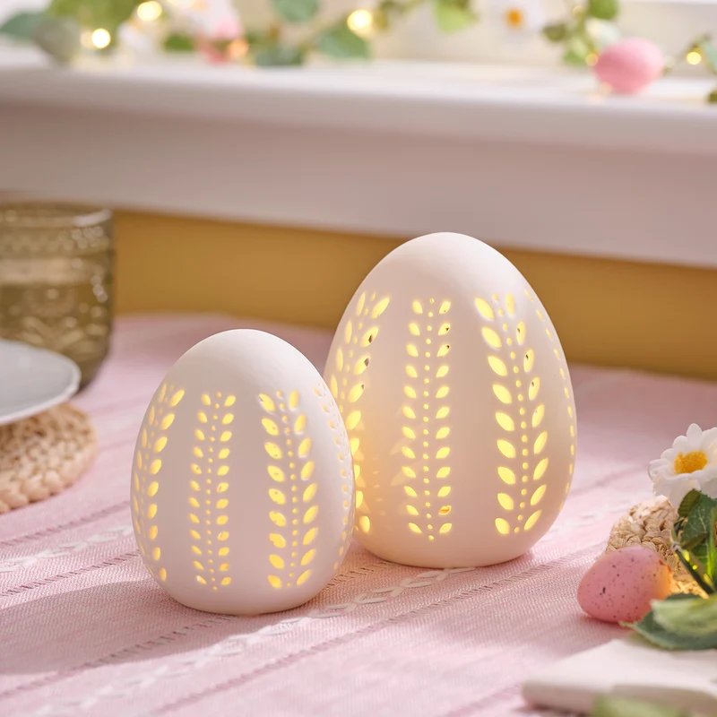 2er Set LED-Porzellan-Eier mit Timer warmweiß