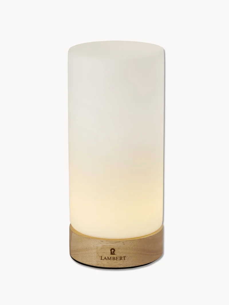 Magicee LED Leuchte – Glaszylinder weiß mit Holzfuß | H 23 cm, D 10 cm