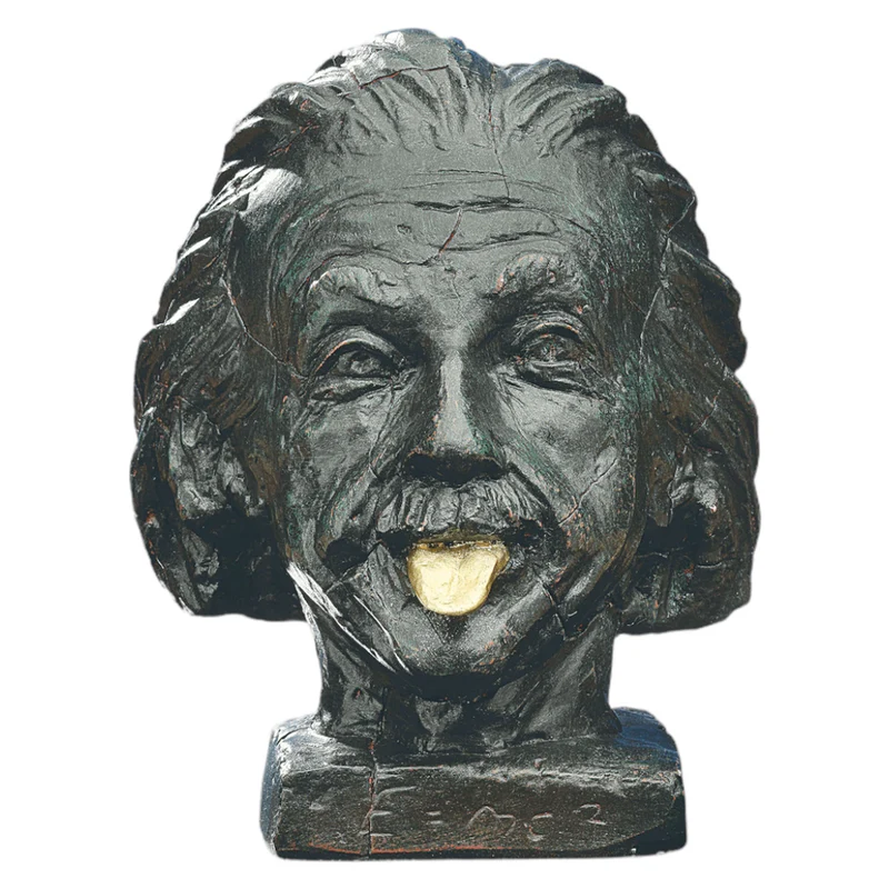 Skulptur "Einstein-Kopf mit goldener Zunge"