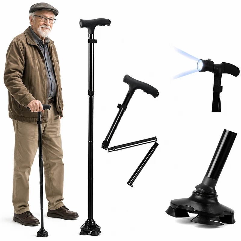 Faltbarer Gehstock LED Spazierstock Gehhilfe 5-fach Verstellbar Schwarz