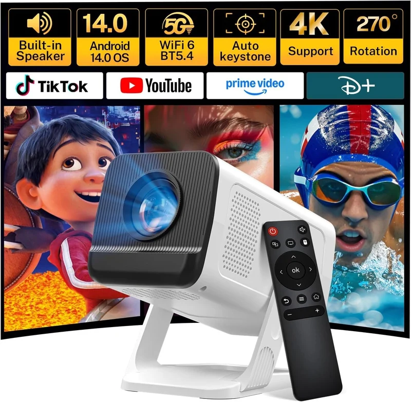 Mini Beamer Android 14 WiFi 6 Bluetooth 5.4 HD Projektor 4K HDMI USB