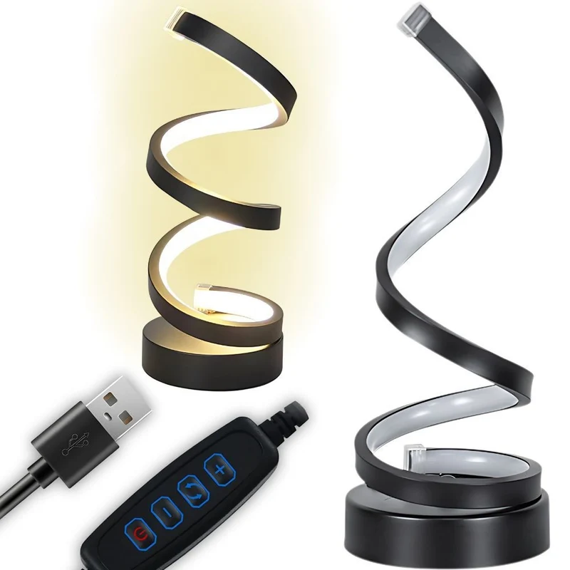 LED Spiral Tischlampe Dimmbar mit 3 Lichtfarben – USB Nachttischlampe für Schlafzimmer, Schreibtisch und Wohnzimmer