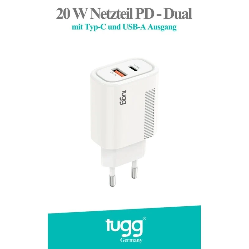 Tugg 20W USB-C PD Schnellladegerät Netzteil Dual USB USB-C & USB-A Ladegerät