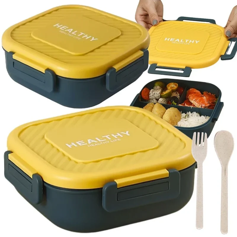 Lunchbox mit 3 Fächern und Besteck – Auslaufsichere Brotdose für Schule, Arbeit und unterwegs in Grün