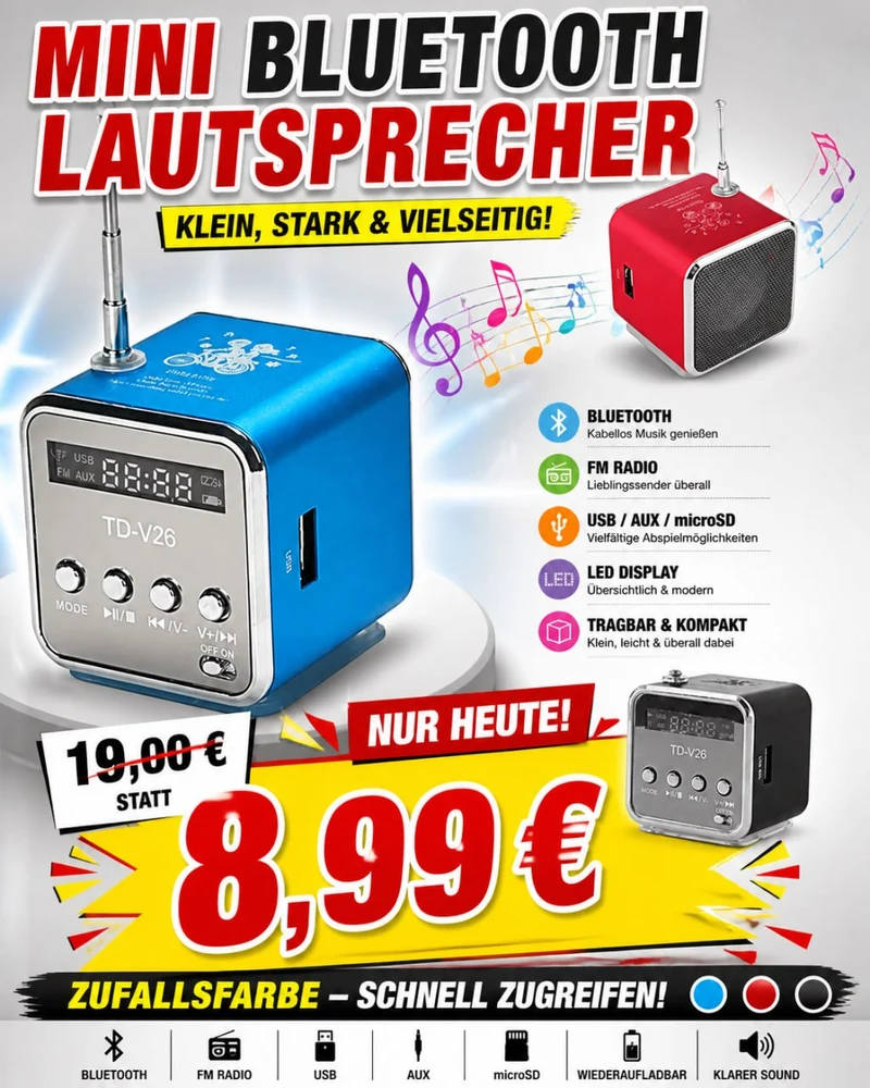 Mini Bluetooth Lautsprecher Tragbarer – FM Radio, USB, AUX, microSD & LED Display (Zufallsfarbe)
