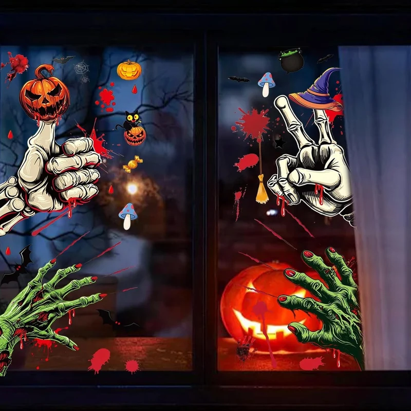 Halloween Fensteraufkleber 👻 59 Stk Blutige Hand- & Fußabdrücke Horror Deko