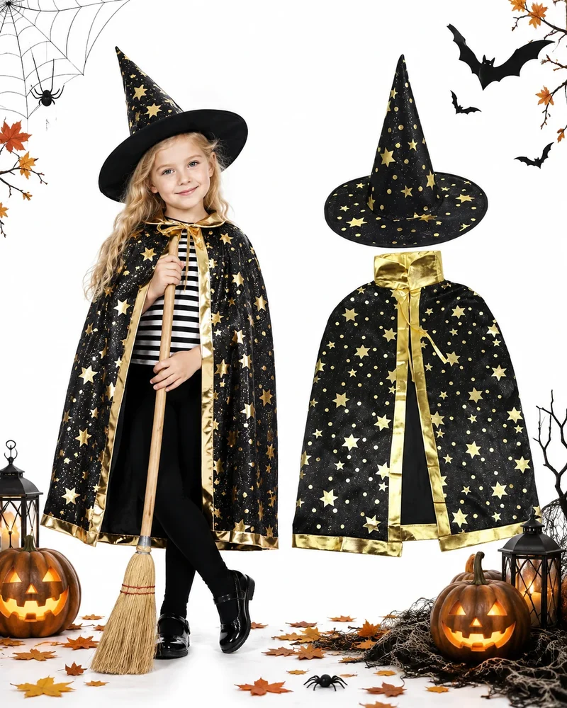 Halloween Zauberer Kostüm Magier Umhang mit Hut Sterne Karneval Verkleidung