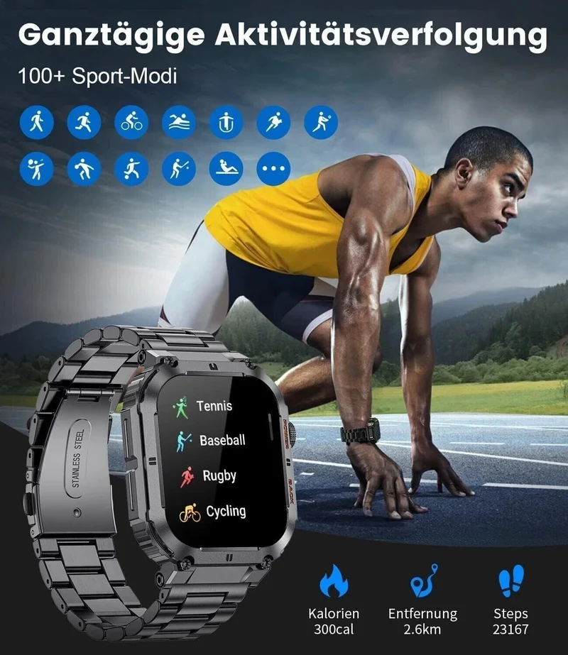 Smartwatch Herren Militärisch Telefonfunktion 1.96'' HD 100+ Sportmodi Schwarz