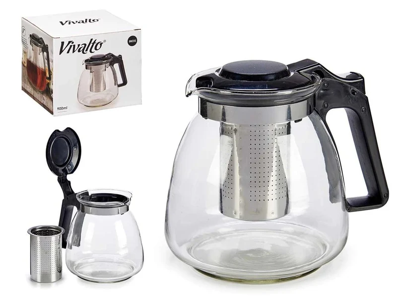 Glas Teekanne 900ml mit Sieb Edelstahl Schwarz Transparent Teekanne Kanne