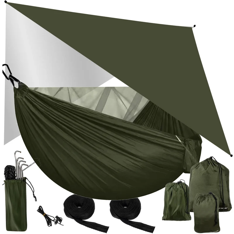 Camping Hängematte 2 Personen mit Moskitonetz und Tarp – Outdoor Bushcraft Hängematte bis 250 kg