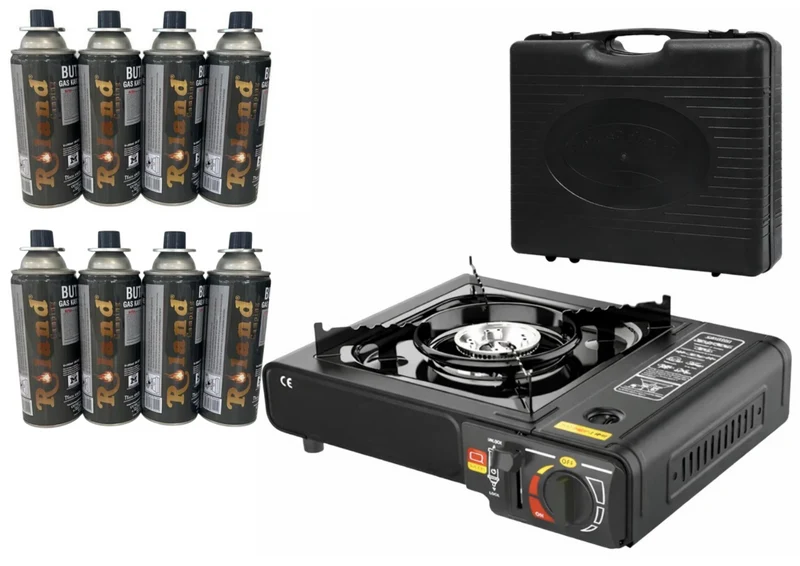 Camping Gaskocher Set 8x Gas Kartusche + 1 Kocher mit Koffer