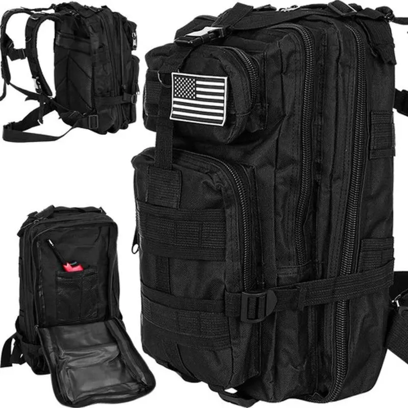 Schwarzer Touristenrucksack 26L – Outdoor Rucksack mit MOLLE-System und 5 Fächern