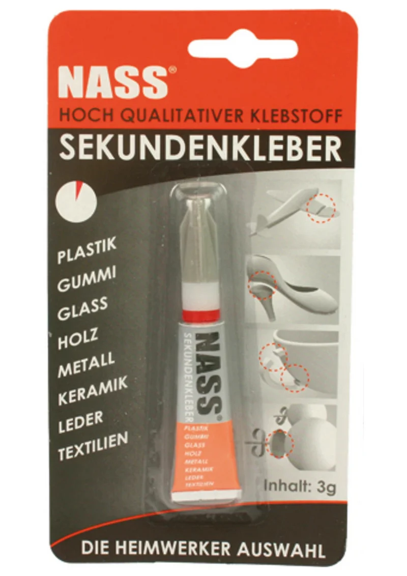 Sekundenkleber 3g für Nass-Reparaturen an Plastik, Gummi, Glas, Holz, Keramik und Metall