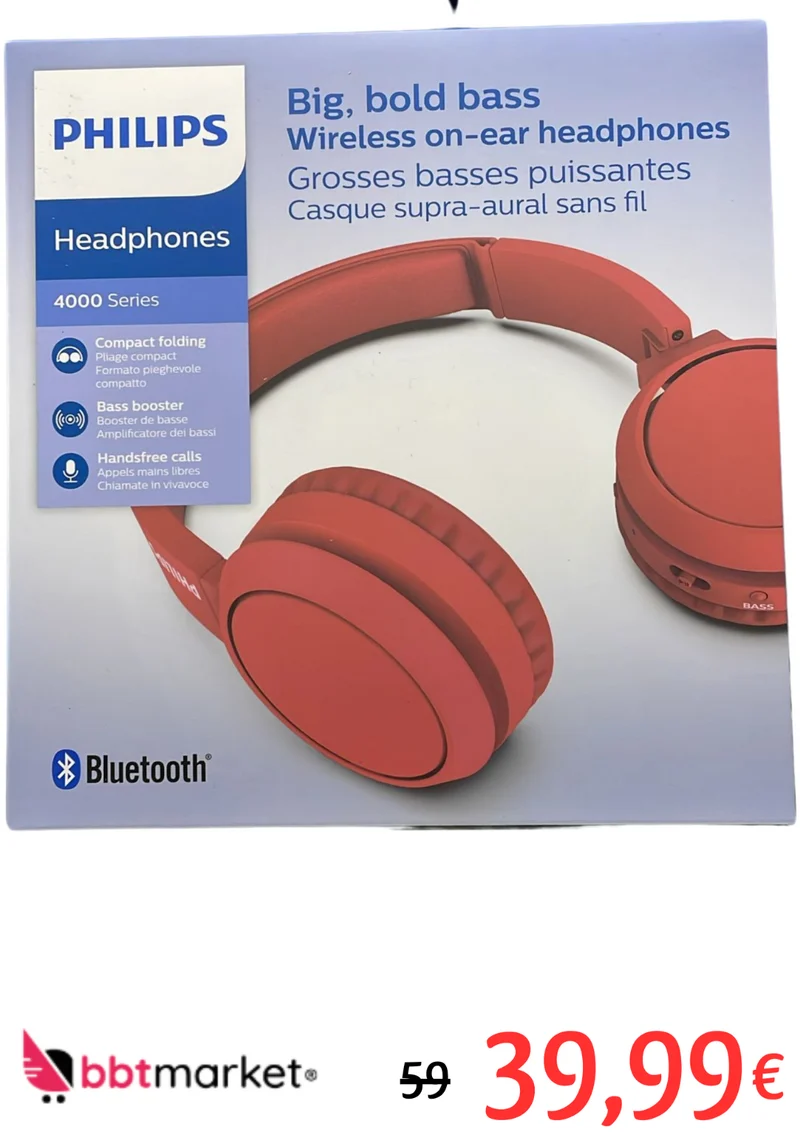 Philips TAH4205RD/00 Bluetooth On-Ear Kopfhörer – 29h Akku, Bass Boost, Faltbar, Rot