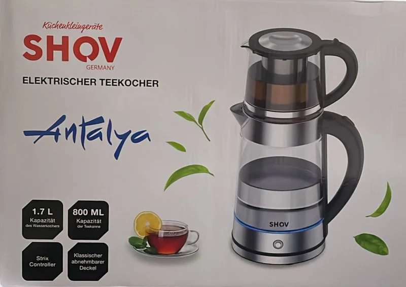 Shov Elektrischer Glasteekocher – 1,7L Wasserkocher + 0,8L Teekanne – Sicherheit