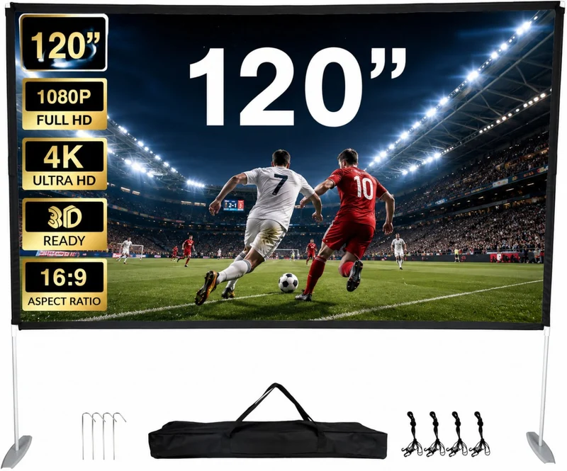 120 Zoll Beamer Leinwand mit Stativ und Tasche – Tragbare Projektor Leinwand für Heimkino, Gartenkino, Camping und Präsentationen