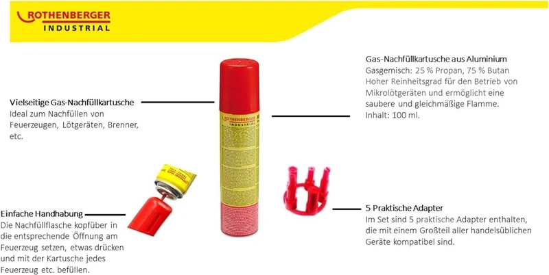 ROTHENBERGER Industrial Nachfüllgas 100 ml – Universalgas für Feuerzeuge & Gasbrenner, 5 Adapter, hoher Reinheitsgrad
