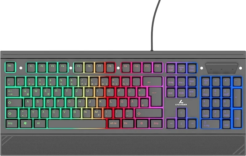 LYCANDER Gaming Tastatur Deutsch (LKB8154DE) – Kabelgebundene USB-Tastatur mit 19 Anti-Ghosting-Tasten & Regenbogen-Hintergrundbeleuchtung, 1,8 m Kabel