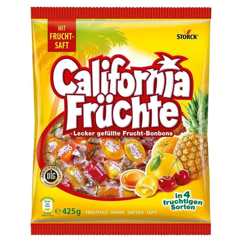 California Früchte 425g – Gefüllte Bonbons mit Fruchtsaft – 4 fruchtige Sorten