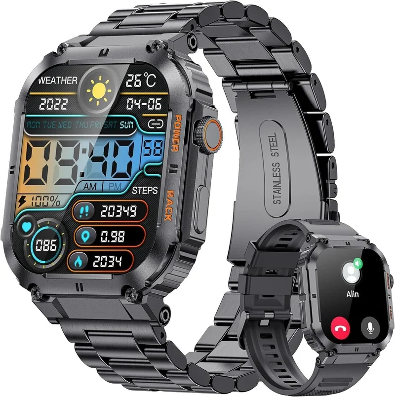 Smartwatch Herren Militärische mit Telefonfunktion,1.96'' HD Touchscreen,100+ Sp