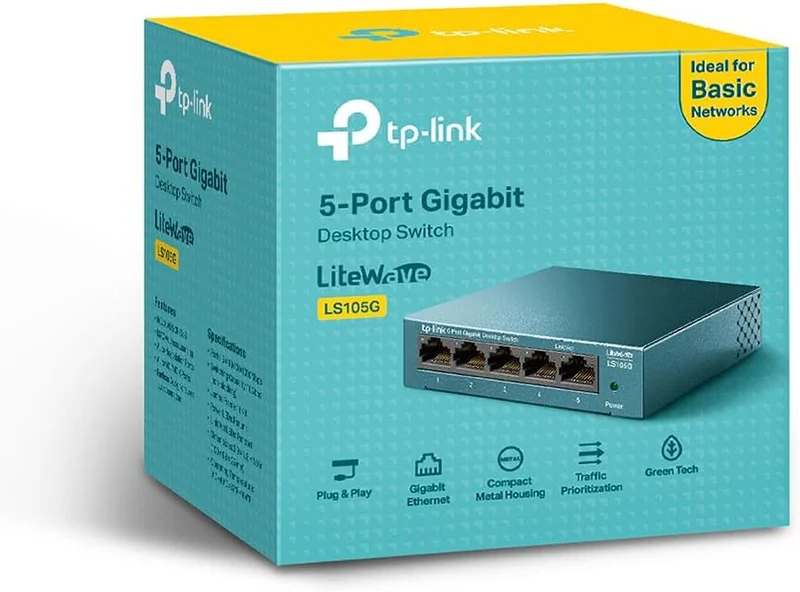 TP-Link LS105G 5-Port Gigabit Switch – Metallgehäuse lüfterlos Plug & Play