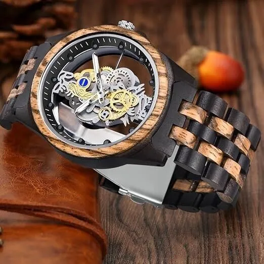 Holzuhr Herren Bambusuhr Quarz Armbanduhr Holz Analog Skelett Design Uhr