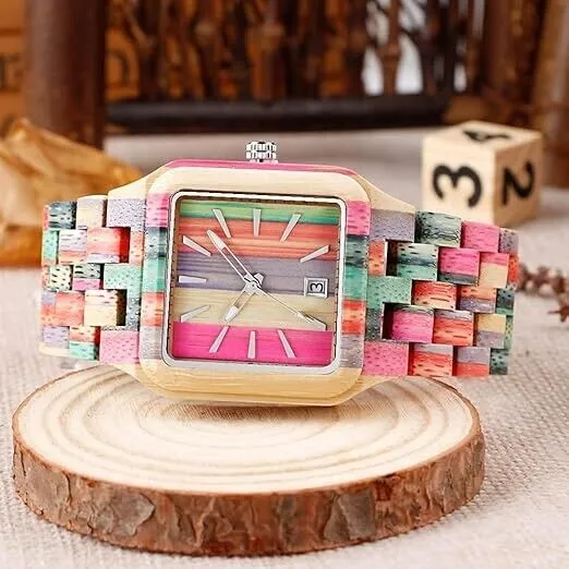 Herren Holzuhr Handgefertigte Bunte Bambus Holzuhr Analoge Quarz Armbanduhr