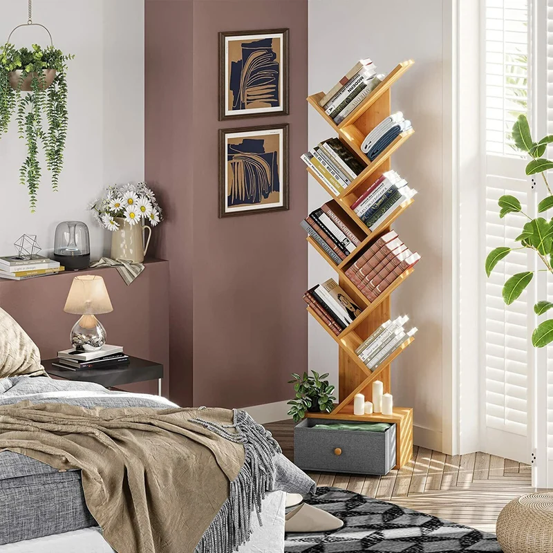 VIAGDO Bücherregal Bambus Standregal, mit 8 Ebenen und Vliesstoff-Schubladen
