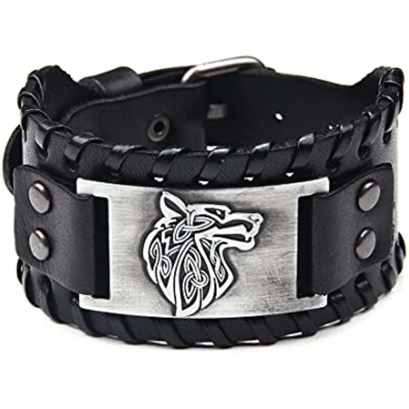 🪓🪓 Herren Wikinger Armband Lederarmband Schwarz Männer Viking Breit Biker Wolf