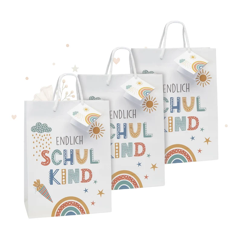Geschenktüten zur Einschulung „Endlich Schulkind“ – 3er-Set mit Anhängern