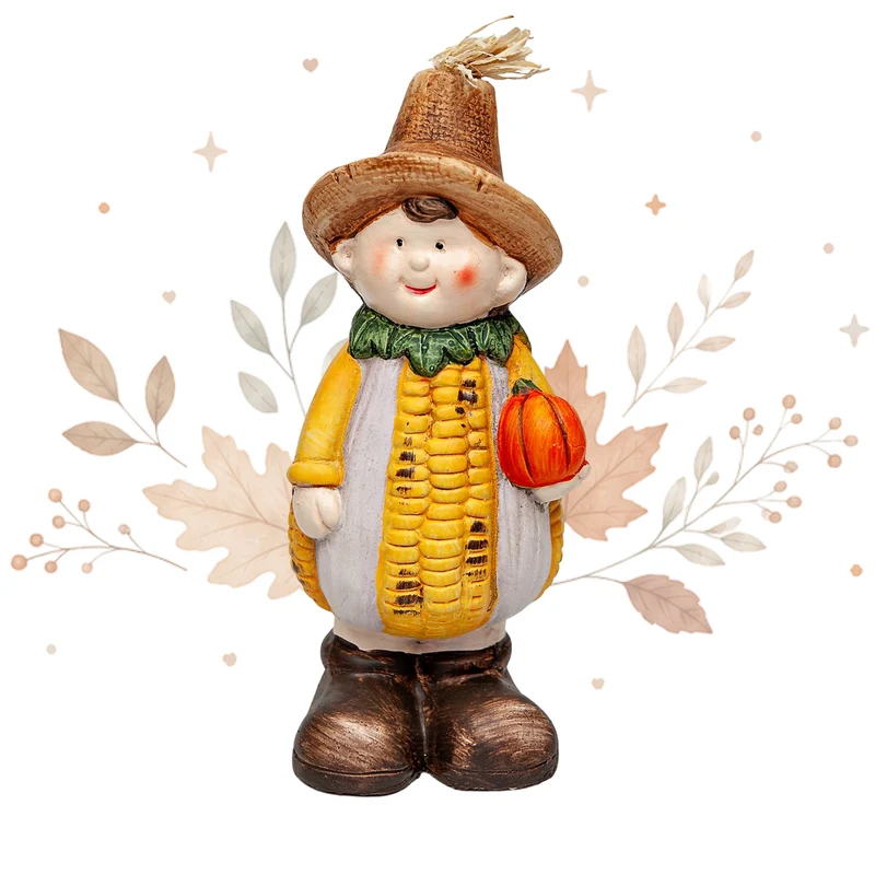Dekofigur Maiskind mit Kürbis – Herbstdeko aus Keramik 21 cm