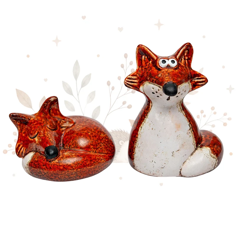 2er Set Fuchsfiguren aus Steingut – Herbstdeko in Orange-Weiß