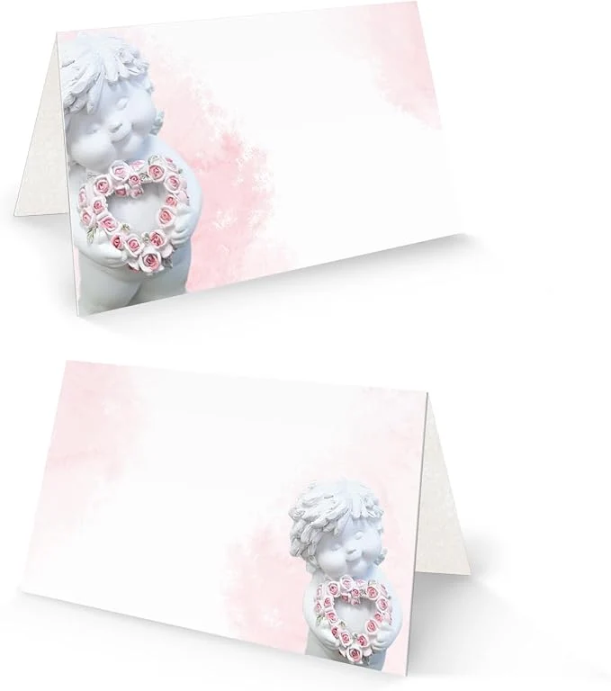 Tischkarten Engel Rosa Weiß 25er Set geklappt 8,5 x 5,5 cm